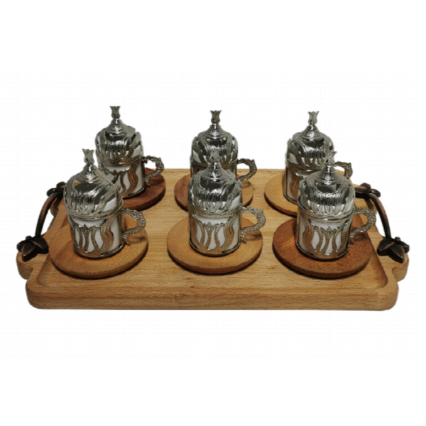 COFFEE SET WITH WOOD TRAY SILVER GOLD