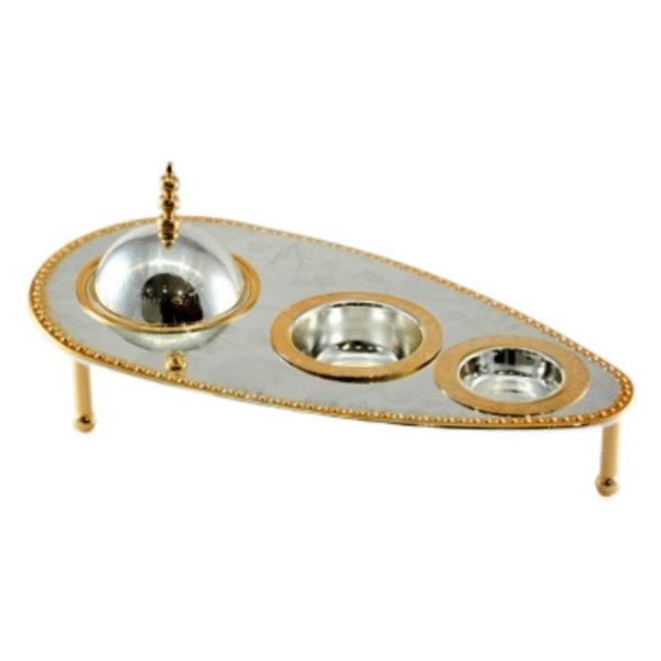4 PC TRAY W/STAND SILVER GOLD